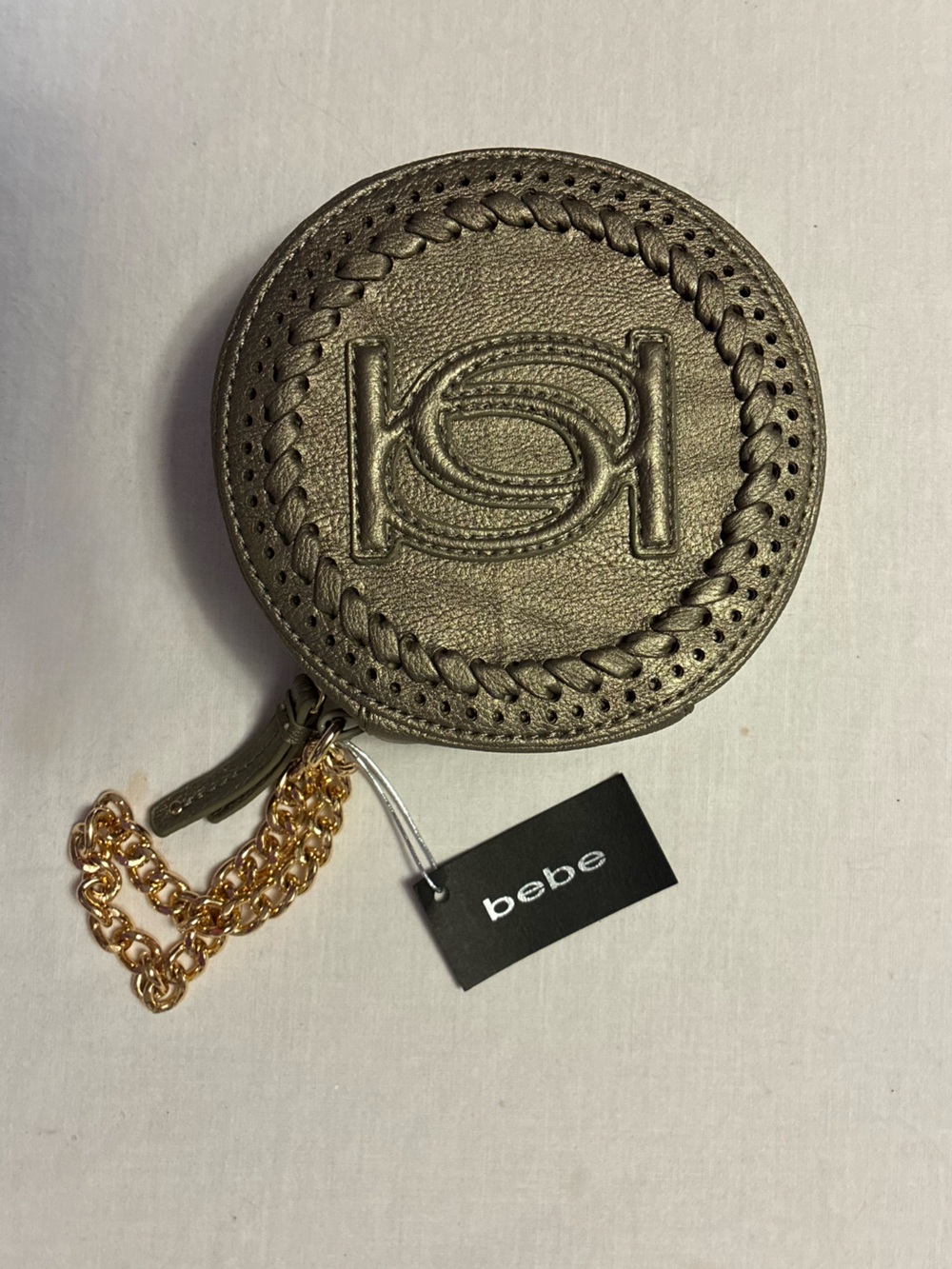 bebe Metallic Bronze Round Coin Pouch with Gold Chain